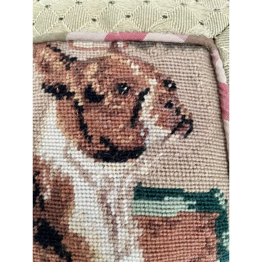 Antique Needlework Point Pillow Boston Terrier Dog Tapestry Ball Fringe 12 X 12